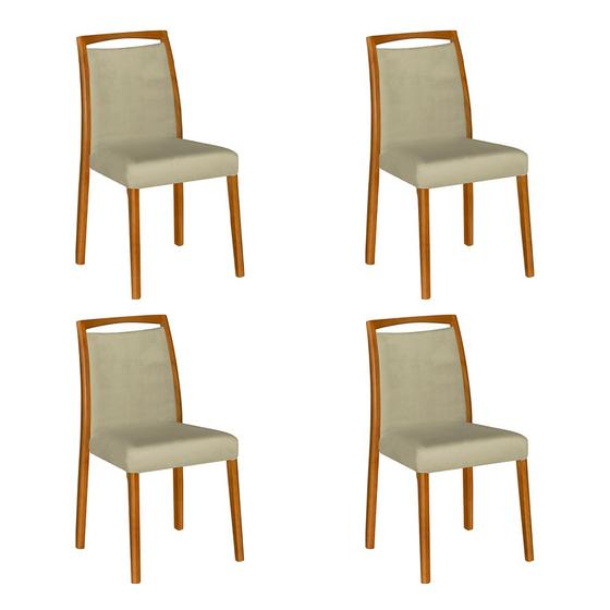 Imagem de Kit 4 Cadeiras de Jantar Estofadas Jade Veludo Bege Base Madeira Maciça Mel