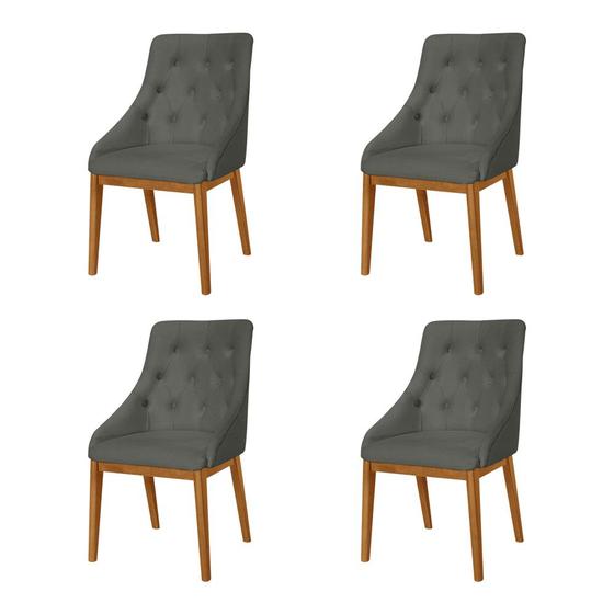Imagem de Kit 4 Cadeiras de Jantar Luxo Estofada Elisa Anatômica Capitonê Linho Chumbo Base Madeira Maciça Mel