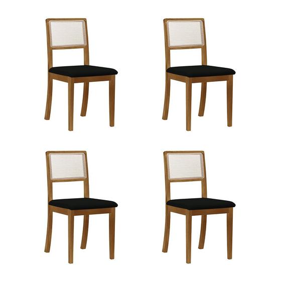 Imagem de Kit 4 Cadeiras de Jantar Luxo Madeira Maciça Mel Encosto Telinha Palha Estofada Veludo Preto Rubi