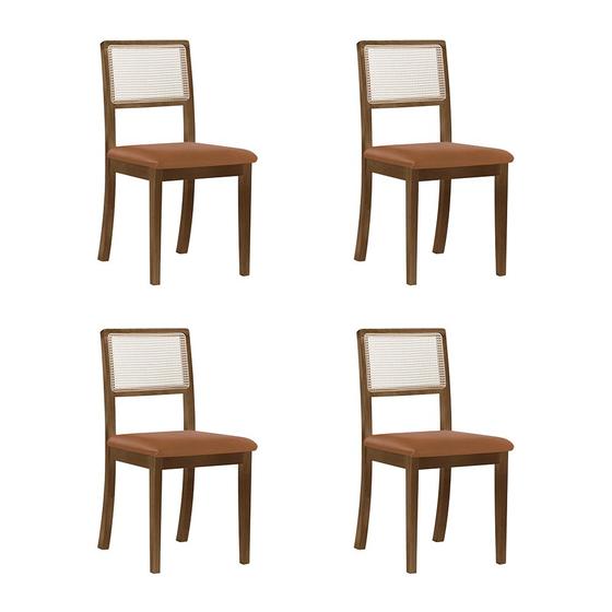 Imagem de Kit 4 Cadeiras de Jantar Madeira Maciça Imbuia Encosto Telinha Palha Estofada Couro Pu Caramelo Rubi