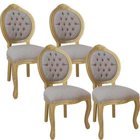 Imagem de Kit 4 Cadeiras de Jantar Medalhão Entalhada Capitonê Dourado e Linho Bege