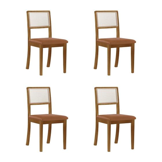 Imagem de Kit 4 Cadeiras de Jantar Palha Estofadas Couro Pu Caramelo Tela Sextavada Rubi Madeira Maciça Mel