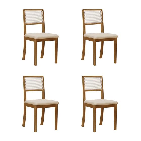 Imagem de Kit 4 Cadeiras de Jantar Palha Estofadas Veludo Bege Encosto Tela Sextavada Rubi Madeira Maciça Mel