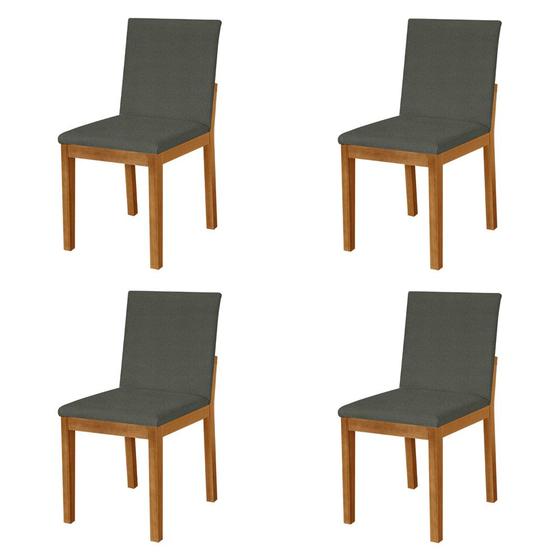 Imagem de Kit 4 Cadeiras de Jantar Pérola Estofadas em Linho Chumbo Base Madeira Maciça Mel 