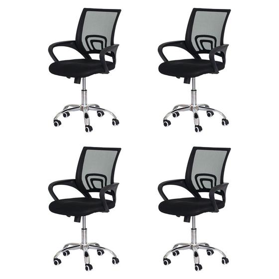 Imagem de Kit 4 Cadeiras Escritório Basic Diretor Tela Mesh Preta Base Giratória Cromada Altura Ajustável