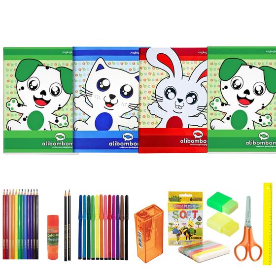 Imagem de Kit 4 cadernos Brochura Alibombom com pauta Aprendizado + acessórios