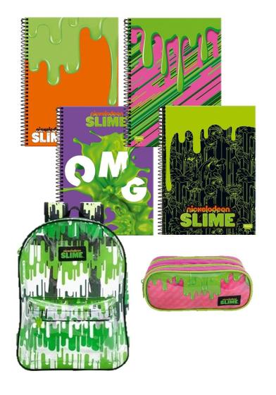 Imagem de Kit 4 Cadernos Espiral Slime + Mochila Transparente+ Estojo 