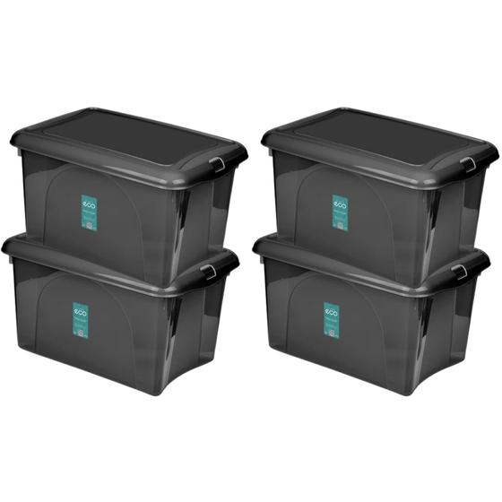Imagem de Kit 4 Caixa Organizadora C/ Travas Preta 16,6L Resistente Design Sofisticado Multiuso