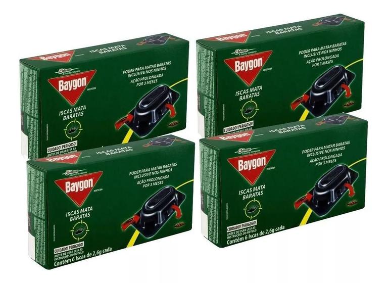 Imagem de Kit 4 Caixas Armadilhas Baratas 24 Iscas 2,6g Cada Baygon