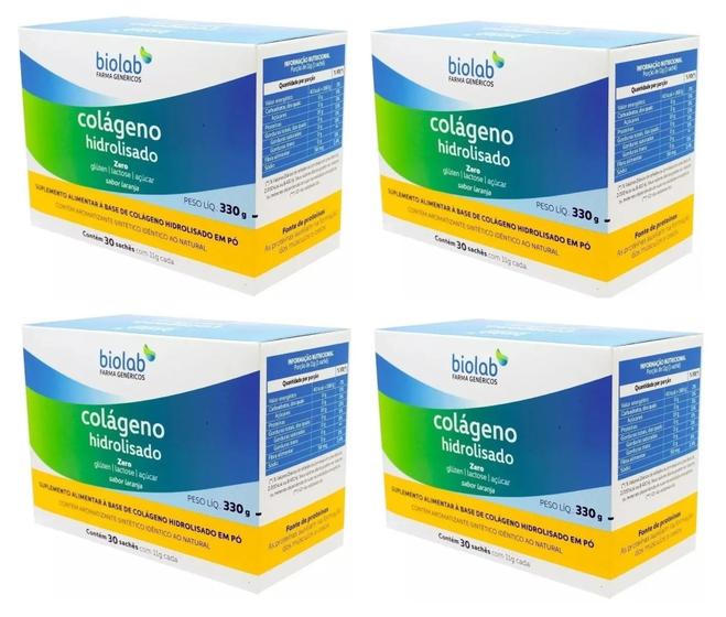 Kit 4 caixas Colágeno Hidrolisado Biolab 30 Sachês (sabor Laranja) Menor preço em Kit 4 caixas Colágeno Hidrolisado Biolab 30 Sachês (sabor Laranja)