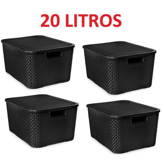 Imagem de Kit 4 Caixas Organizadora Plástico Preto 20 Litros Rattan