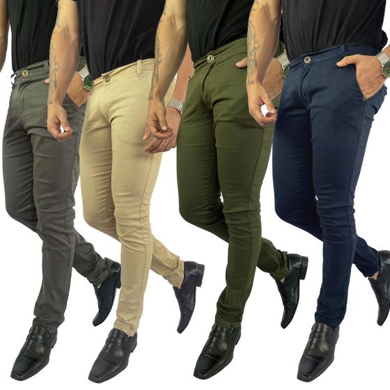 Imagem de Kit 4 Calças Alfaiataria Jeans Masculina Skinny Slim Sarja Com Lycra