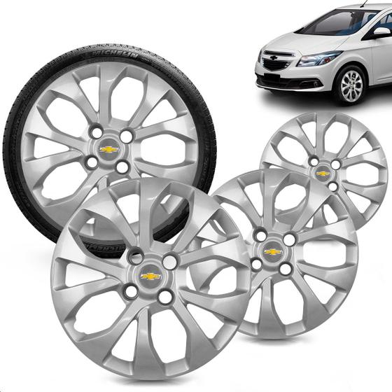 Imagem de Kit 4 Calotas Onix Prisma 2012 2013 2014 2015 2016 Aro 15 Prata Cubo Padrão Grid + Adesivo Resinado 48Mm Gm Cinza Com Dourado (4 Pc)