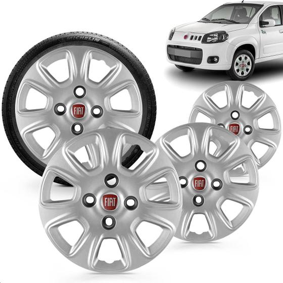 Imagem de Kit 4 Calotas Uno Vivace 2011 2012 2013 Aro 13 Prata Cubo Baixo Grid + Adesivo Resinado 48Mm Fiat Vermelho (4 Pc)