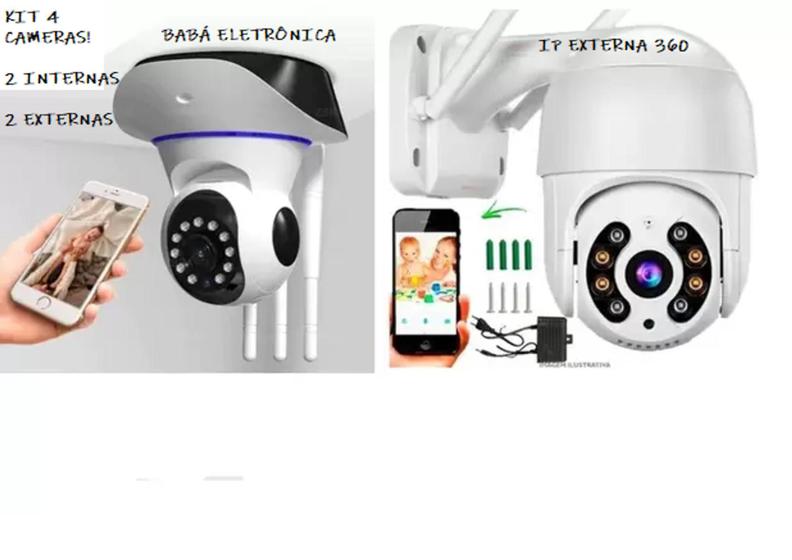 Imagem de kit 4 câmeras : 2 babás eletrônicas ambiente interno wifi c infra + 2 ips externas prova d'agua.