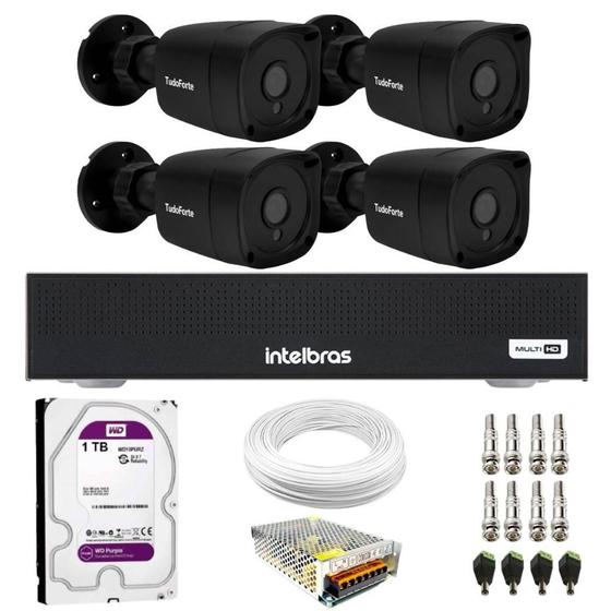 Imagem de Kit 4 Câmeras Bullet TF 2020 B Black Tudo Forte Full HD 1080p Visão Noturna 20M Proteção IP66 + DVR Intelbras MHDX 1104-C 4 Canais + HD 1TB Purple