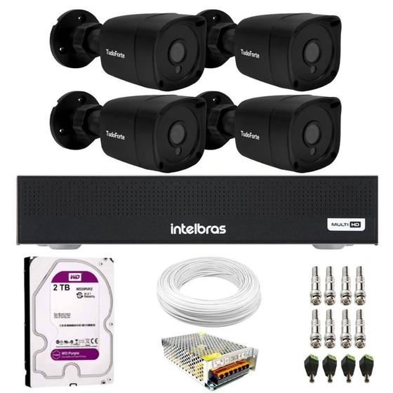 Imagem de Kit 4 Câmeras Bullet TF 2020 B Black Tudo Forte Full HD 1080p Visão Noturna 20M Proteção IP66 + DVR Intelbras MHDX 1104-C 4 Canais + HD 2TB Purple