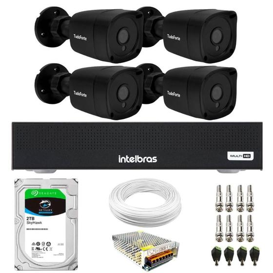 Imagem de Kit 4 Câmeras Bullet TF 2020 B Black Tudo Forte Full HD 1080p Visão Noturna 20M Proteção IP66 + DVR Intelbras MHDX 1104-C 4 Canais + HD 2TB Skyhawk