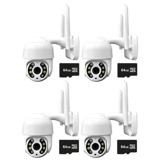 Imagem de Kit 4 Câmeras de Segurança Externa Ip Wi-Fi Tudo Forte Speed Dome Motorizada Full HD A prova D'água Lente 3.6mm + 4 Cartões de Memória de 64GB