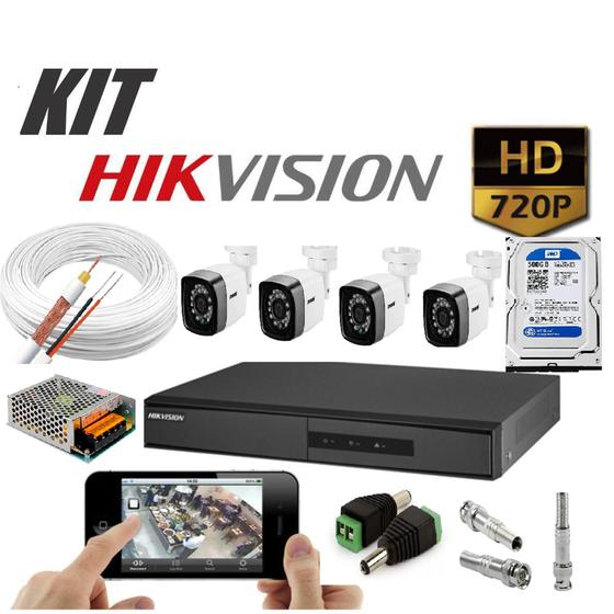 Imagem de Kit 4 Câmeras de segurança Hd  DVR Hikvision 4 Canais C/ Hd 500 GB