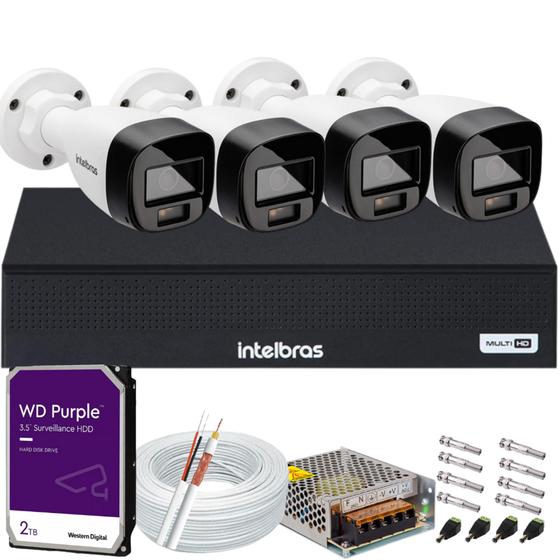 Imagem de Kit 4 Cameras de Segurança Intelbras VHD 3220b + c/ Audio Full Color 1080p Dvr mhdx 3004c 2TB Purple