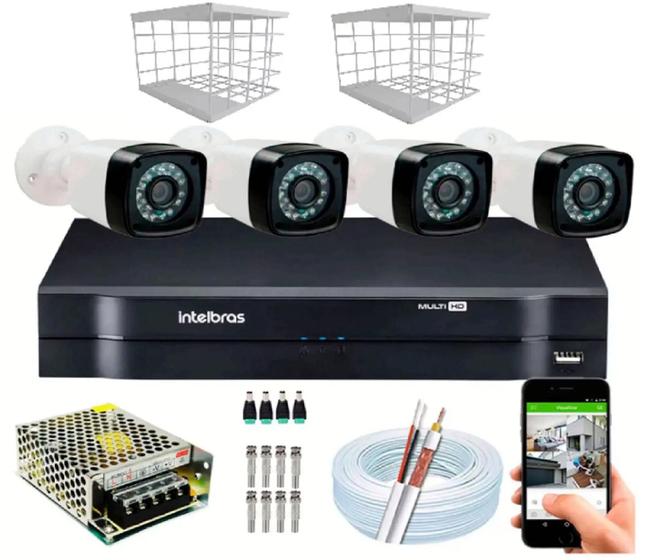 Imagem de Kit 4 Câmeras + DVR Intelbras 8ch + Câmeras HD 20m Infravermelho + Fonte, Cabos e Acessórios