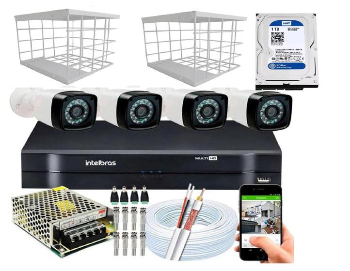 Imagem de Kit 4 Câmeras + DVR Intelbras + Câmeras HD 720p 20m Infra + Fonte, Cabos e Acessórios +HD1 TB