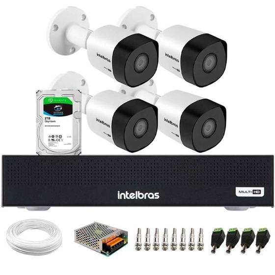 Imagem de Kit 4 Câmeras Intelbras 3130 B G7 HD 720 Multi HD Visão Noturna até 30m IP67 + Dvr Intelbras MHDX 1104-C 04 Canais + HD SkyHawk 2TB