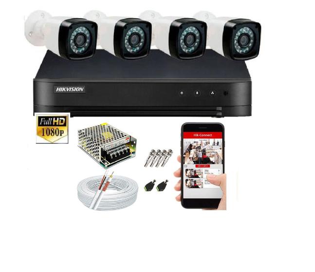 Imagem de Kit 4 Cameras Segurança 1080 Full Hd Dvr Hikvision 4ch Alta Resolução c/ Acessórios