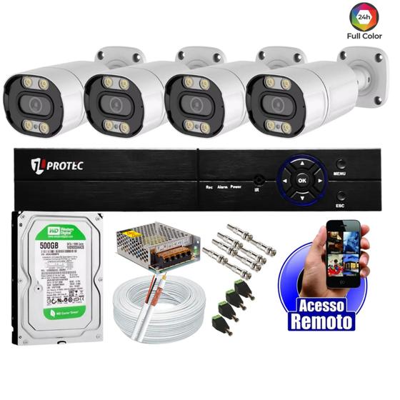 Imagem de Kit 4 Câmeras Segurança Colorida Dia Noite Full Color 2mp 1080p 20m Infra Dvr 4 Canais Cloud 500gb