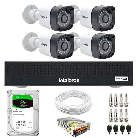 Imagem de Kit 4 Câmeras Tudo Forte TF 2020 B Full HD 1080p Bullet Visão Noturna 20M Proteção IP66 + DVR Intelbras MHDX 3004-C 4 Canais + HD 1TB Barracuda