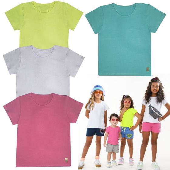 Imagem de Kit 4 Camiseta Blusinha Babylook T-shirt Básica Menina Algodão + Cotton Manga Curta Infantil Juvenil Lisa Roupa Verão Feminina Criança Tamanho 4-14