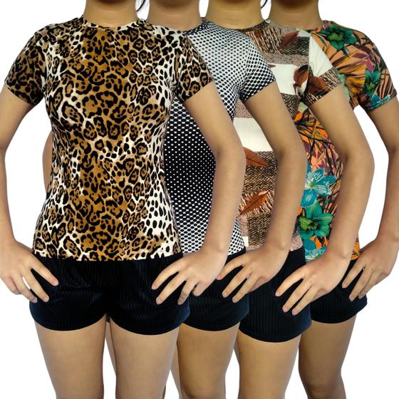 Imagem de Kit 4 Camisetas Femininas Baby Look Gola Careca Estampas Sortidas Viscolycra Pp ao Plus Size