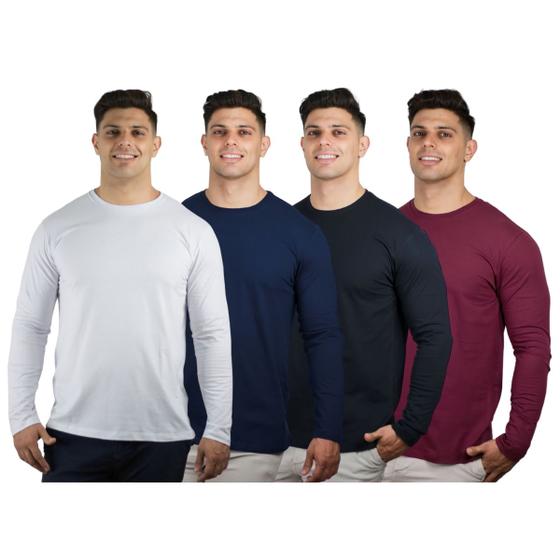 Imagem de Kit 4 Camisetas Masculinas Manga Longa 100% Algodão Premium