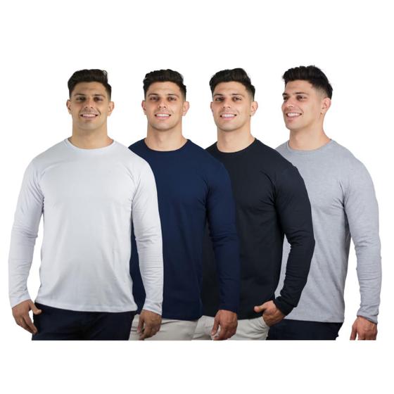 Imagem de Kit 4 Camisetas Masculinas Manga Longa Slim Algodão Premium