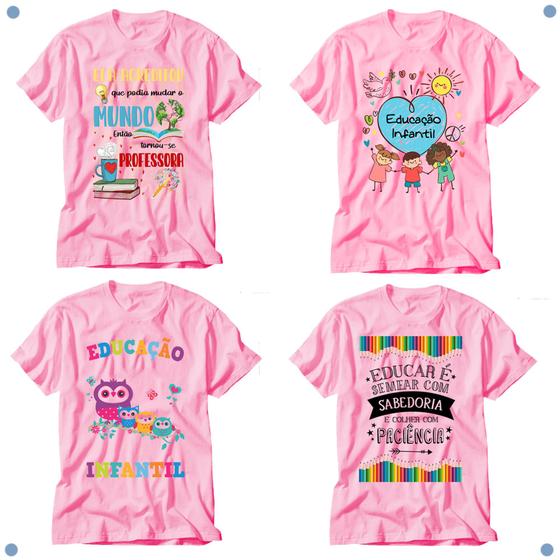 Imagem de Kit 4 Camisetas Professores Educação Infantil Rosa Claro