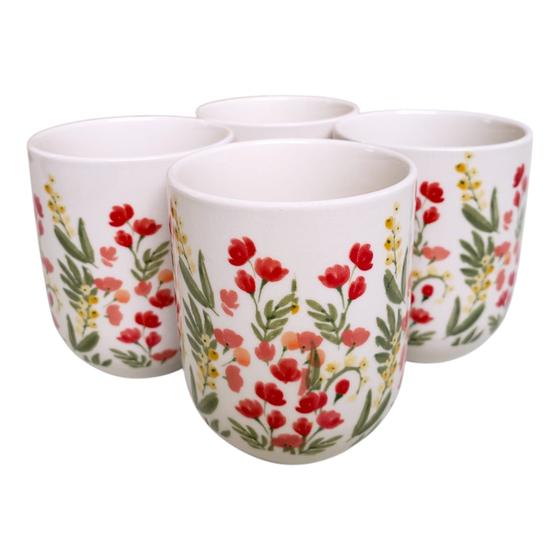 Imagem de Kit 4 Caneca de Chá Porcelana Flores Xicara Copo 150ml