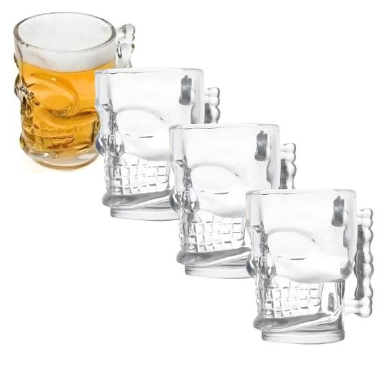 Imagem de Kit 4 Caneca De Vidro Caveira Chopp Cerveja Drinks Rock Crânio Clear 510ml