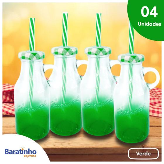 Imagem de Kit 4 Caneca De Vidro Com Canudo 250ml Verde Retrô Drink