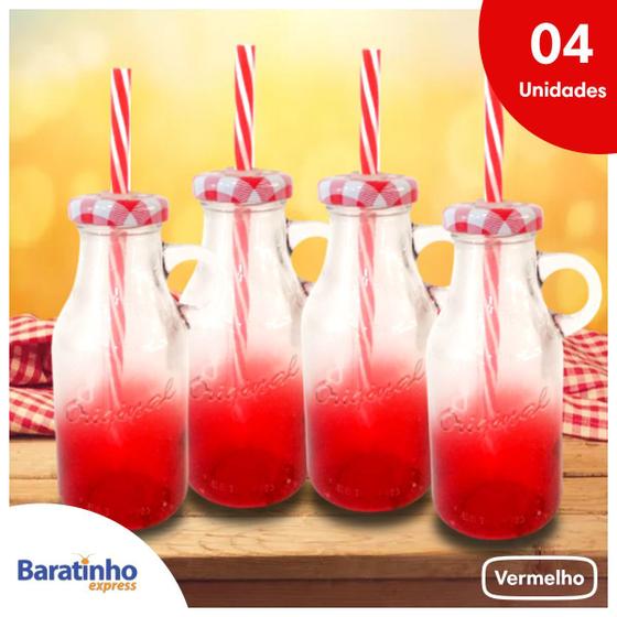 Imagem de Kit 4 Caneca De Vidro Com Canudo 250ml Vermelho Retrô Drink