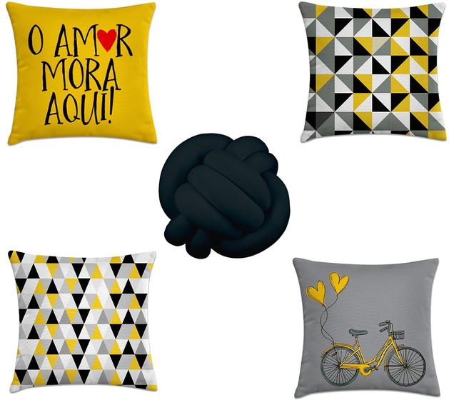 Imagem de kit 4 capas almofadas escandinavo amarelo e preto + 1 almofa