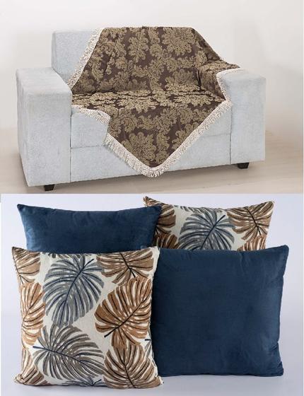 Imagem de Kit 4 Capas Almofadas Lindas Decorativas Sala Sofá com Xale Cáqui/Azul