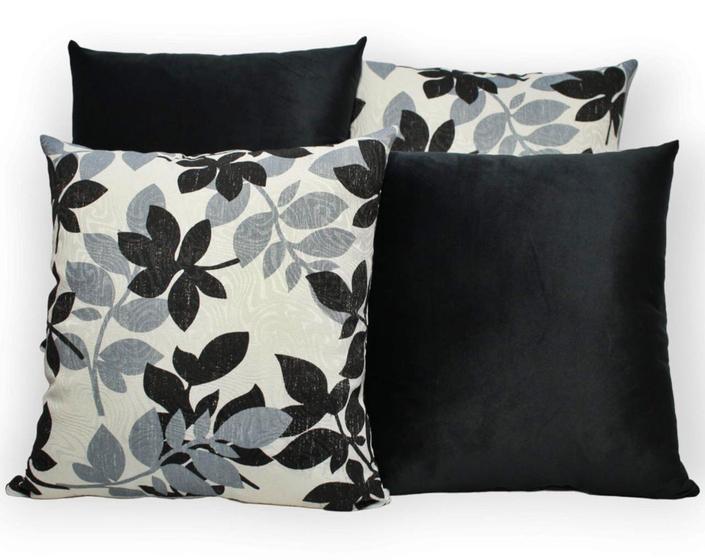 Imagem de Kit 4 Capas de Almofada Decorativas Jacquard e Suede 45cm x 45cm com Zíper Folhas Cinza e Preto com Preto