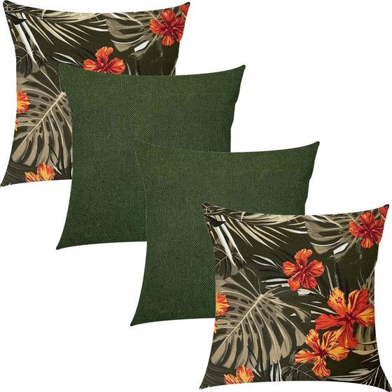 Imagem de Kit 4 Capas de Almofada Hibisco Folhagem Marrom e Verde Musgo Liso 45x45cm