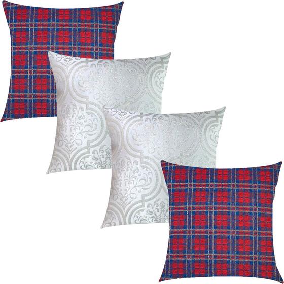 Imagem de Kit 4 Capas de Almofada Jacquard Luxo Adamascado Branco e Prata e Xadrez 45x45cm