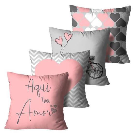 Imagem de Kit 4 Capas de Almofadas Aqui Mora Amor Rosa e Cinza 45x45