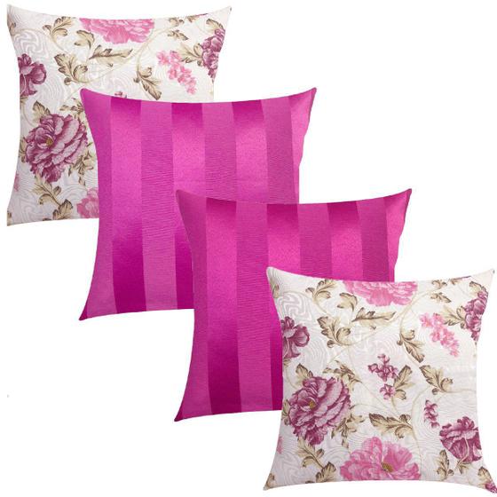 Imagem de Kit 4 Capas de Almofadas Composê Floral Rosa e Pink Listrado 45cmx45cm 