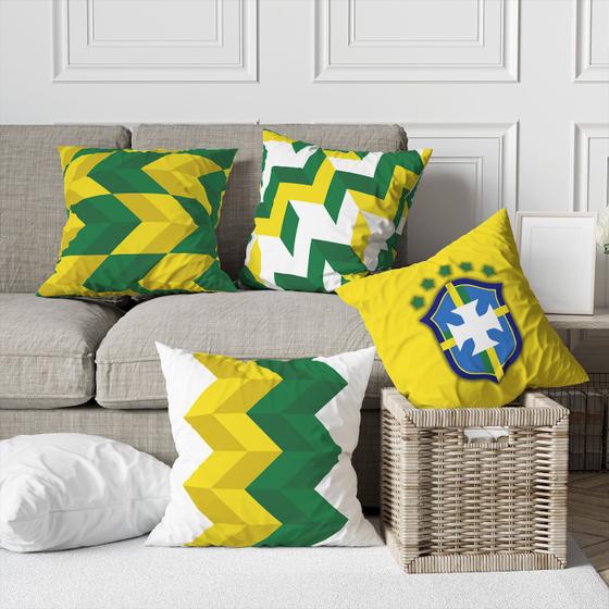 Imagem de Kit 4 Capas De Almofadas Decorativa Geométrico Brasil Verde e Amarelo Copa