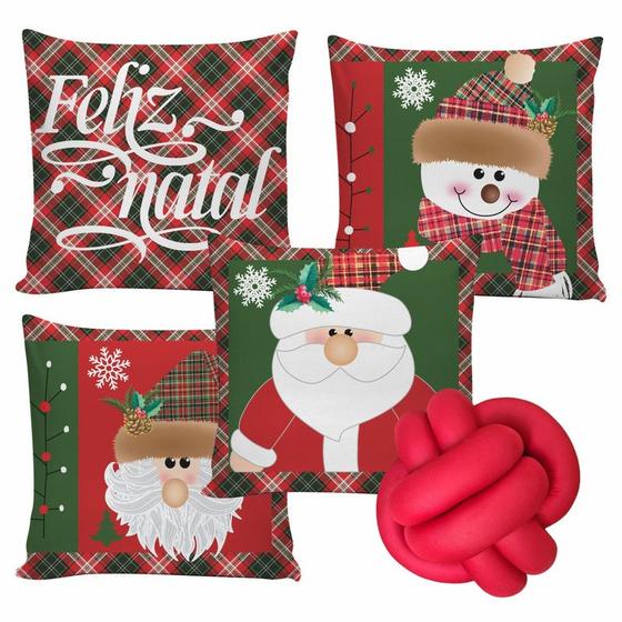 Imagem de Kit 4 Capas de Almofadas Decorativas Feliz Natal 45x45cm Mais Almofada de Nó Grande