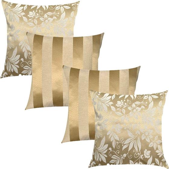 Imagem de Kit 4 Capas de Almofadas Floral e Listrado Dourado 45cmx45cm 